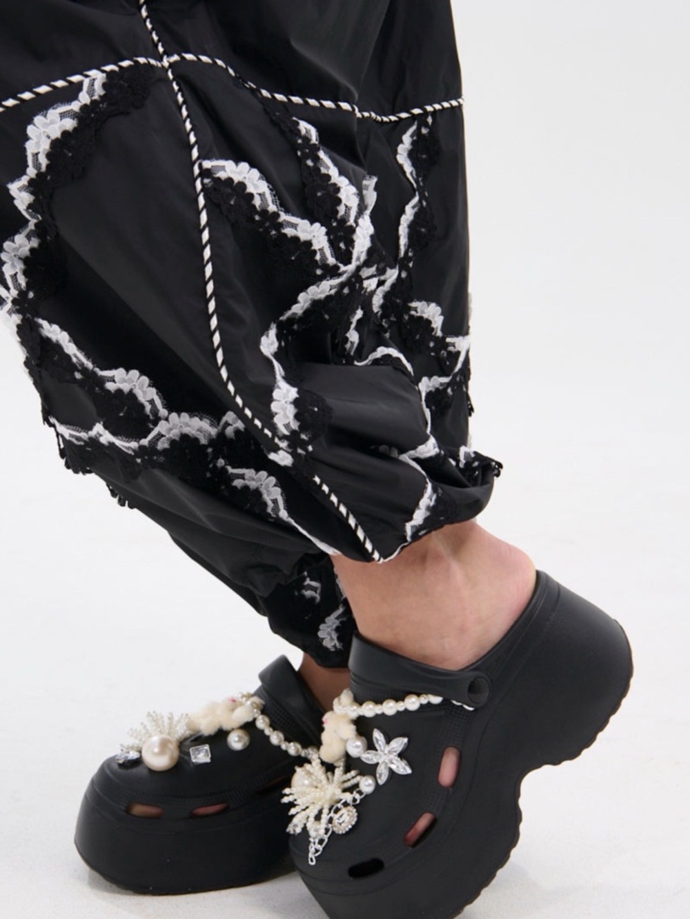 Black Platform Clog Mules with Pearl & Charm Embellishments - Picture 2 of 6